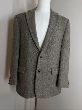 Vtg Harris Tweed Men’s Brown Olive Wool- SZ 42R- Herringbone Blazer Coat Jacket